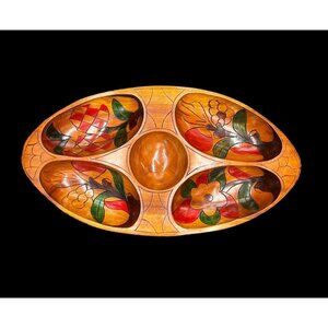 VTG MCM Hand-Carved Exotic Wood Divided Serving Bowl W/ Hand-Painted Floral Desi